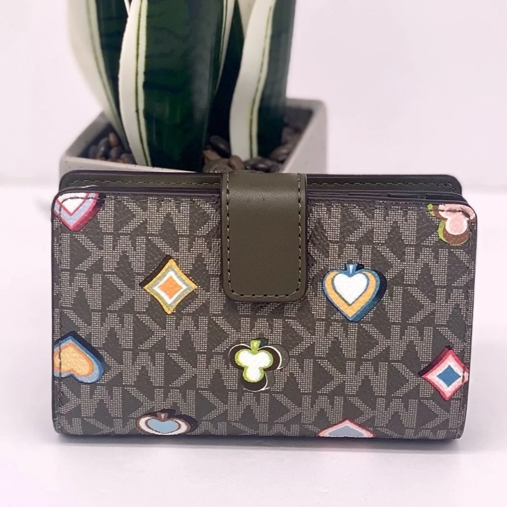 Michael Kors Multicolor Patterned Bifold Medium Wallet Olive